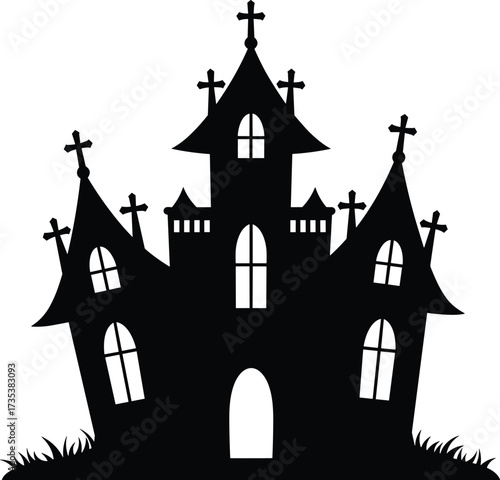 Haunted house silhouette, spooky gothic castle, eerie Halloween night, creepy abandoned mansion, dark horror architecture, scary haunted building, mysterious ghostly tower