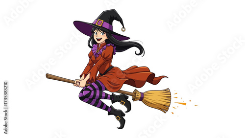 Enchanting Witch on Broom: A cartoon illustration of a smiling witch, adorned with a black hat and holding a broom, effortlessly gliding through the sky.