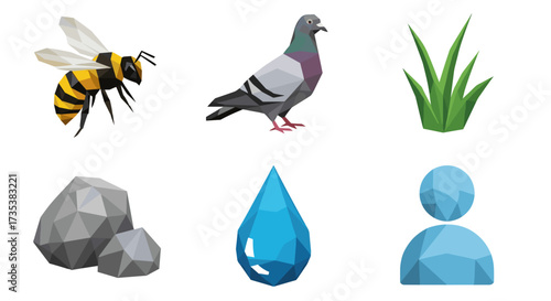 Vector art of collection of low poly icons bee, pigeon, grass, rocks, water drop, person
