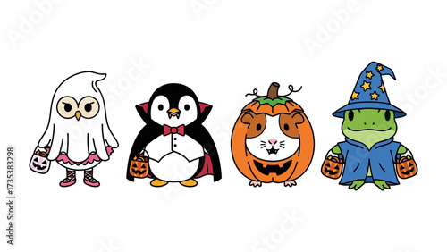 Spooky Halloween Friends: A whimsical illustration showcases a cute ghost, a dapper vampire penguin, a pumpkin-shaped Guinea pig, and a wizard frog, each ready for a night of trick-or-treating.