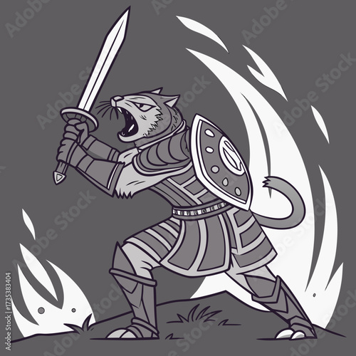 Fierce Feline Warrior Armored Cat Wielding Sword with Valor