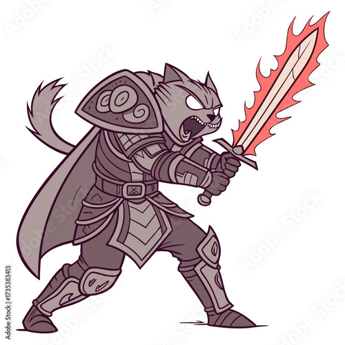Ferocious Feline Fighter Armored Cat Warrior with Flaming Sword Illustration