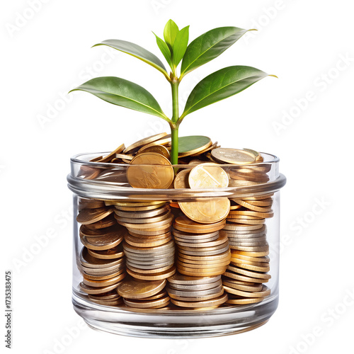 A plant growing from a jar filled with coins, symbolizing financial growth and investment, isolated on transparent background