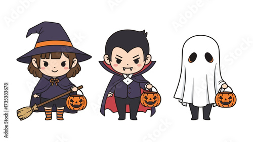 Spooky Halloween Trio: A whimsical illustration of a witch, a vampire, and a ghost, each clutching a jack-o'-lantern, embodying the fun and fright of the season.