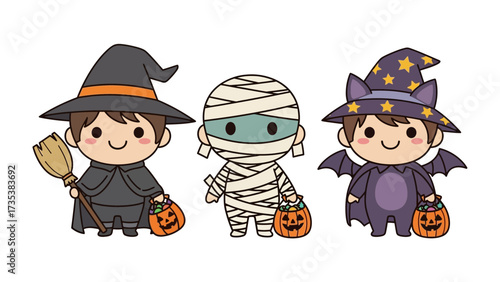 Spooky Costume Trio: Three charming children dressed up in whimsical Halloween costumes: a witch, a mummy, and a bat, carrying jack-o'-lanterns with playful expressions.