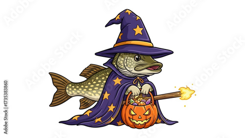 Mystical Fish Wizard: A whimsical illustration of a pike fish dressed as a wizard, complete with a pointy hat, flowing robes, and a glowing wand, offering a pumpkin basket filled with treats.
