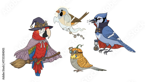 Enchanting Avian Gathering: A whimsical illustration showcases a charming ensemble of dressed-up birds, each adorned with unique costumes.