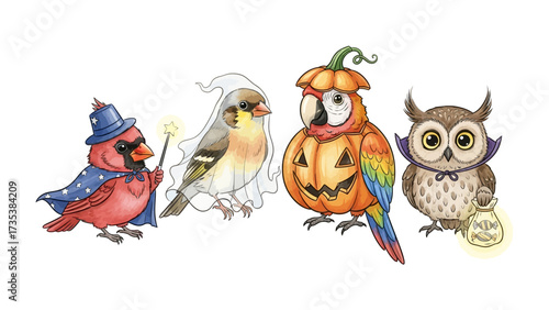 Halloween Bird Crew: Adorable birds dressed in enchanting costumes. From a charming cardinal wizard with a star wand, a spooky goldfinch ghost, a vibrant pumpkin parrot, and a wise owl vampire.