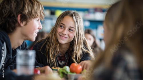 A group of diverse teenagers enjoying lunch in a school cafeteria. Two young Caucasian students, a boy with blond hair and a girl with long brown hair, are smiling.