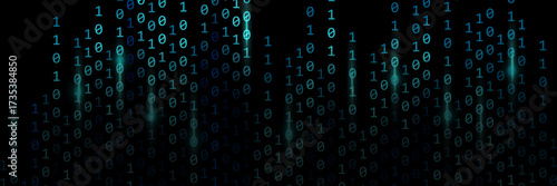 Blue binary rain background with glimmer and glowing light. Binary code with blue light.
