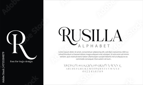 Rusilla serif  vector alphabet font for logo design