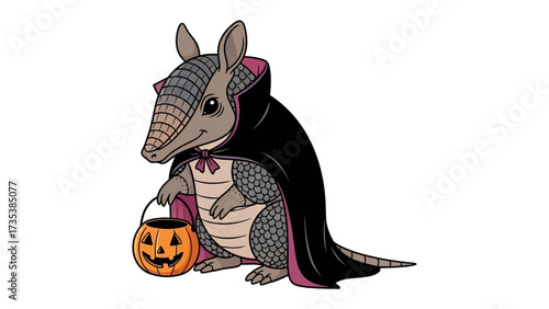 Spooky Armadillo Costume: A whimsical illustration features an armadillo dressed in a Halloween costume, holding a carved pumpkin lantern, ready for trick-or-treating.