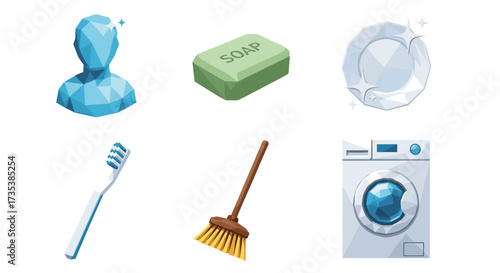 Vector art of collection of cleaning and hygiene 3d objects