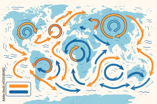 Global ocean currents circulation diagram with warm and cold water flow patterns on a stylized world map background in flat design style. Ai generative