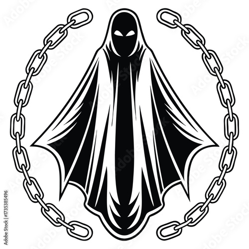 A black silhouette of a flying ghost with chains
