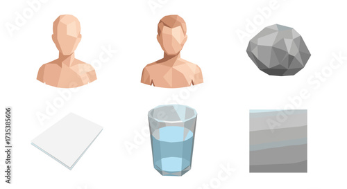 Vector art of low poly human busts, rock, paper, glass of water, and layered square