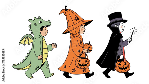 Whimsical Halloween Parade: A trio of costumed children, each embodying a classic Halloween persona, embark on a delightful procession.