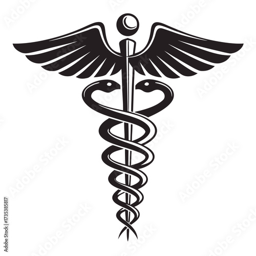Bold Black Caduceus Icon with Wings and Two Snakes on White Background medical symbol health