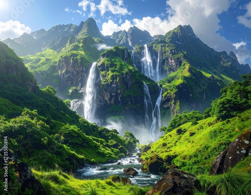 Majestic waterfall cascading down a lush green mountain