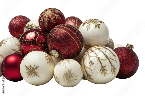 Pile of Red and White Ornaments with Glitter on Transparent Background for Christmas Decoration Elegant Sphere Festive Celebration Holiday Decorative Elements Balls Baubles Round Glass Sparkly