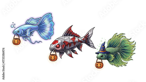 Festive Fin-tastic: An enchanting trio of whimsical fish, each bearing a charming pumpkin bucket, brings a touch of fantasy to the celebration.  