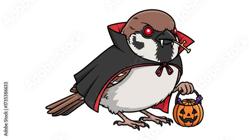 Sparrow in a Spooky Costume: A charming sparrow, dressed in a Dracula costume complete with cape, fangs, and a pumpkin bucket, ready for a night of Halloween fun. 