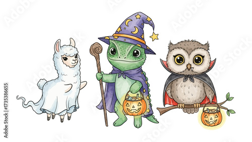 Magical Halloween Gathering: A trio of enchanting creatures in whimsical costumes gathers for Halloween. The charming composition showcases the spirit of the holiday with an owl, llama.