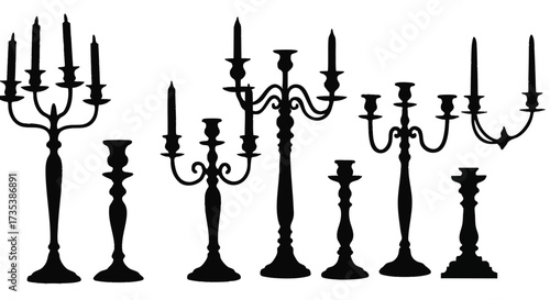 Collection of ornate candelabras in varying designs and candle counts displayed together in a silhouette