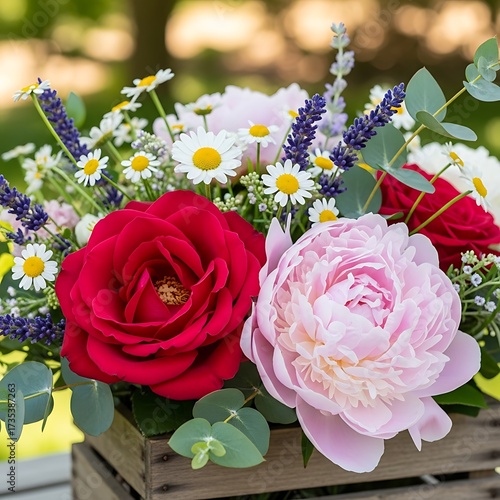 Floral Arrangement with Roses, Peonies, and Daisies in Wooden Box.