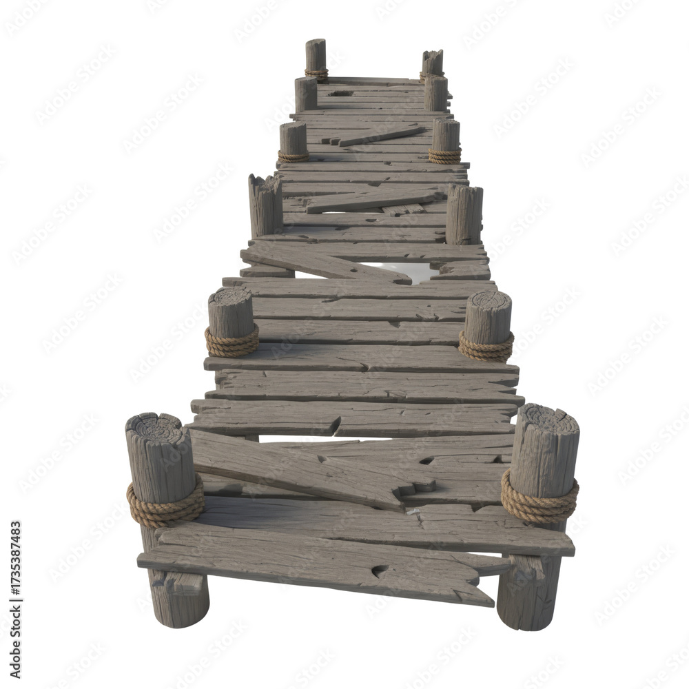 Fototapeta premium Rustic wooden pier structure with weathered planks and rope detail, isolated