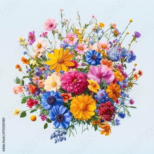 Vibrant bouquet of various colorful wildflowers including yellow, pink, blue, and orange blossoms arranged against a light background