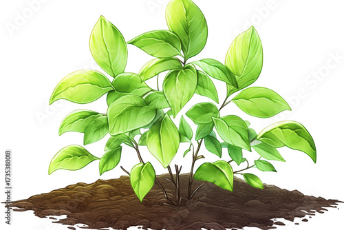 Vibrant Green Bush with Lush Leaves on Brown Soil in Transparent Background Illustration, Natural Light Creating a Fresh and Peaceful Atmosphere, Detailed Veins Visible on Each Leaf