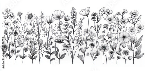 Detailed black and white pencil drawing of various wildflowers and botanical plants with delicate petals and leaves arranged in a horizontal line