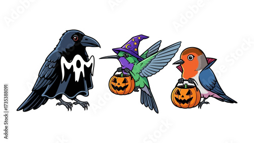 Halloween Bird Trick-or-Treat: A whimsical illustration of a crow, hummingbird, and robin, each adorned in creative Halloween costumes and carrying pumpkin-shaped treat bags.