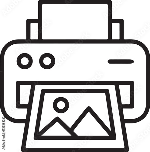 Simple line art icon of a printer printing a landscape photo