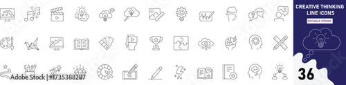 Creative Thinking Line Icons Set. 36 outline vector icons with innovation, brainstorming, ideas, problem-solving, design, and teamwork. Perfect for business, education, and apps