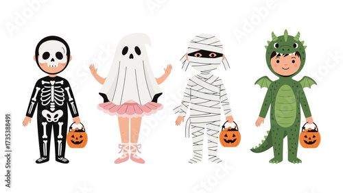 Whimsical Halloween Parade: A delightful illustration showcasing a parade of four costumed children, each embodying a unique spooky character with charm and color. 