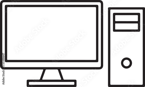 Simple line art icon of a desktop computer with monitor and tower