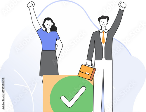 Successful business people celebrating with a checkmark and briefcase illustration 