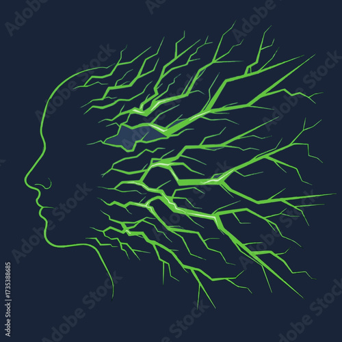 Conceptual illustration of a human mind's neural network, showing a profile silhouette with glowing green electrical energy cracks