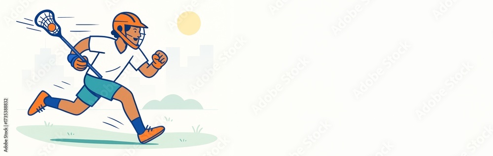 Obraz premium Cartoon lacrosse player running with stick, wearing helmet and sportswear on city park background with empty copyspace on right side. Ai generative
