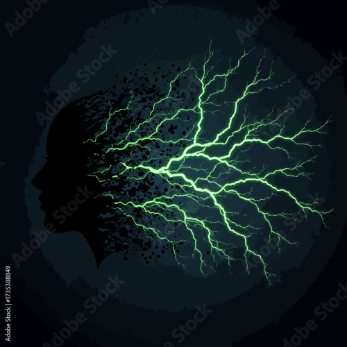 Abstract visualization of mental power, with a disintegrating human profile releasing bolts of creative energy
