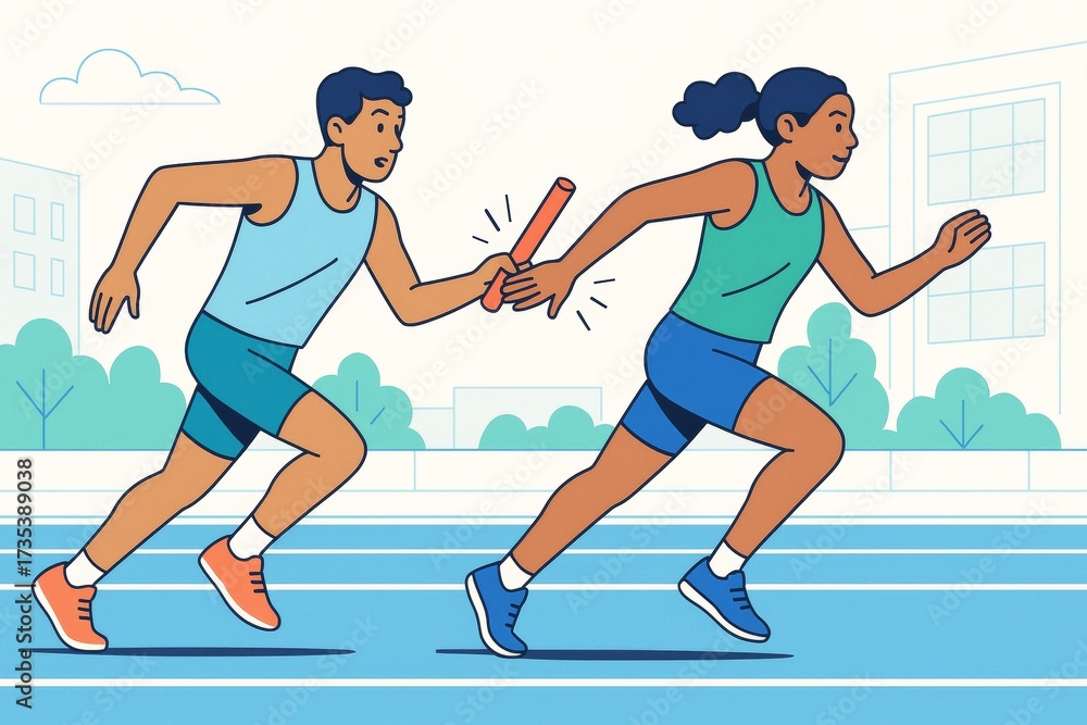 Obraz premium Two athletes performing baton handoff in a relay race on track with light abstract background and cityscape elements in cartoon style. Ai generative