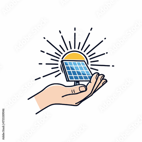 A simple line art icon of a human hand holding a solar panel, capturing the concept of harnessing solar power for a sustainable future