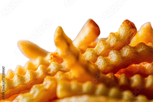 Golden Crinkle Cut French Fries Stacked with Transparent Background Close Up View Crinkle Cut Fries Deep Fried Potato Sticks Crispy and Savory Snack Delicious Fast Food Treat Warm Tone Studio Shot