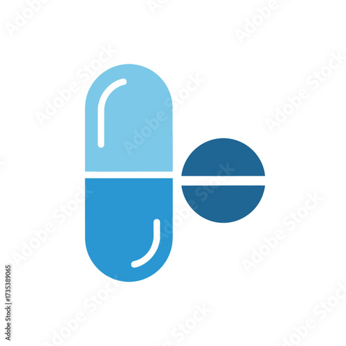 A blue capsule and a round tablet, representing medicine and healthcare.