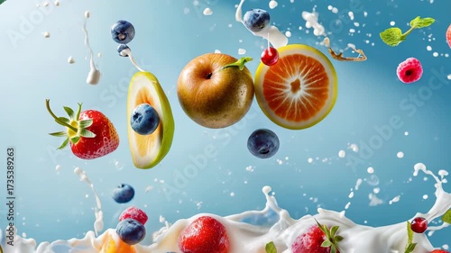 Abundant fruit pieces fly through a dynamic milk explosion against a bright blue background, delicious motion and sparkling droplets; energetic dairy visual crafted for yogurt launches