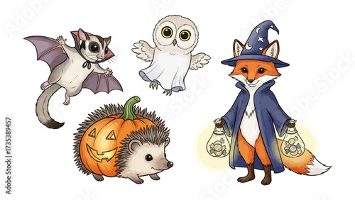 Whimsical Halloween Animals: A charming ensemble of illustrated creatures embraces the festive spirit of Halloween. Featuring a magical fox, sugar glider, owl, and hedgehog.