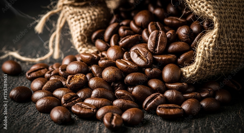 Fototapeta premium Roasted coffee beans spilling from burlap sack onto dark stone surface, close-up of aromatic coffee texture 