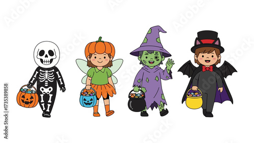 Halloween Character Collection: A playful illustration of adorable trick-or-treaters in a row, each dressed in unique costumes, carrying candy pails, celebrating the spooky festive season.